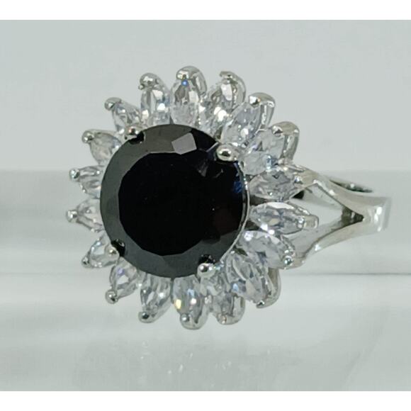 Vintage Ring Size 6.25 Silver Tone White Gold GP Black CZ Cluster Cocktail NOS - Picture 1 of 10
